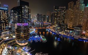 Preview wallpaper buildings, architecture, pier, yachts, neon, lights, city