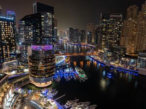 Preview wallpaper buildings, architecture, pier, yachts, neon, lights, city