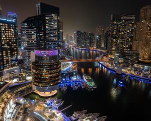 Preview wallpaper buildings, architecture, pier, yachts, neon, lights, city