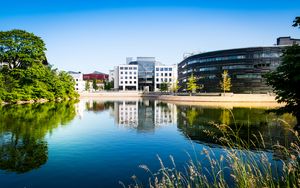 Wallpaper buildings, river, reflection, street hd, picture, image