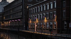Preview wallpaper buildings, architecture, river, twilight, dark