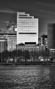 Preview wallpaper buildings, architecture, river, city, black and white