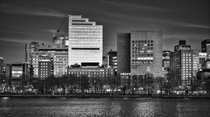 Preview wallpaper buildings, architecture, river, city, black and white