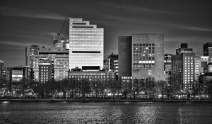 Preview wallpaper buildings, architecture, river, city, black and white