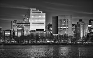 Preview wallpaper buildings, architecture, river, city, black and white