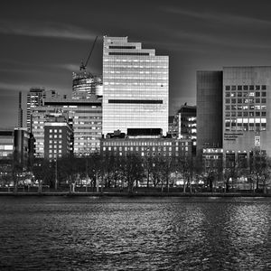 Preview wallpaper buildings, architecture, river, city, black and white