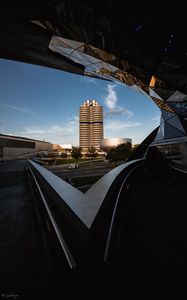 Preview wallpaper buildings, architecture, roof, road, bmw, car