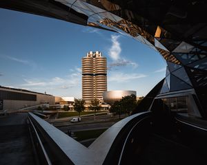 Preview wallpaper buildings, architecture, roof, road, bmw, car