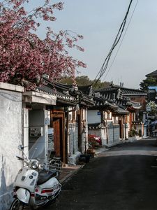 Preview wallpaper buildings, architecture, scooter, road, street, japan