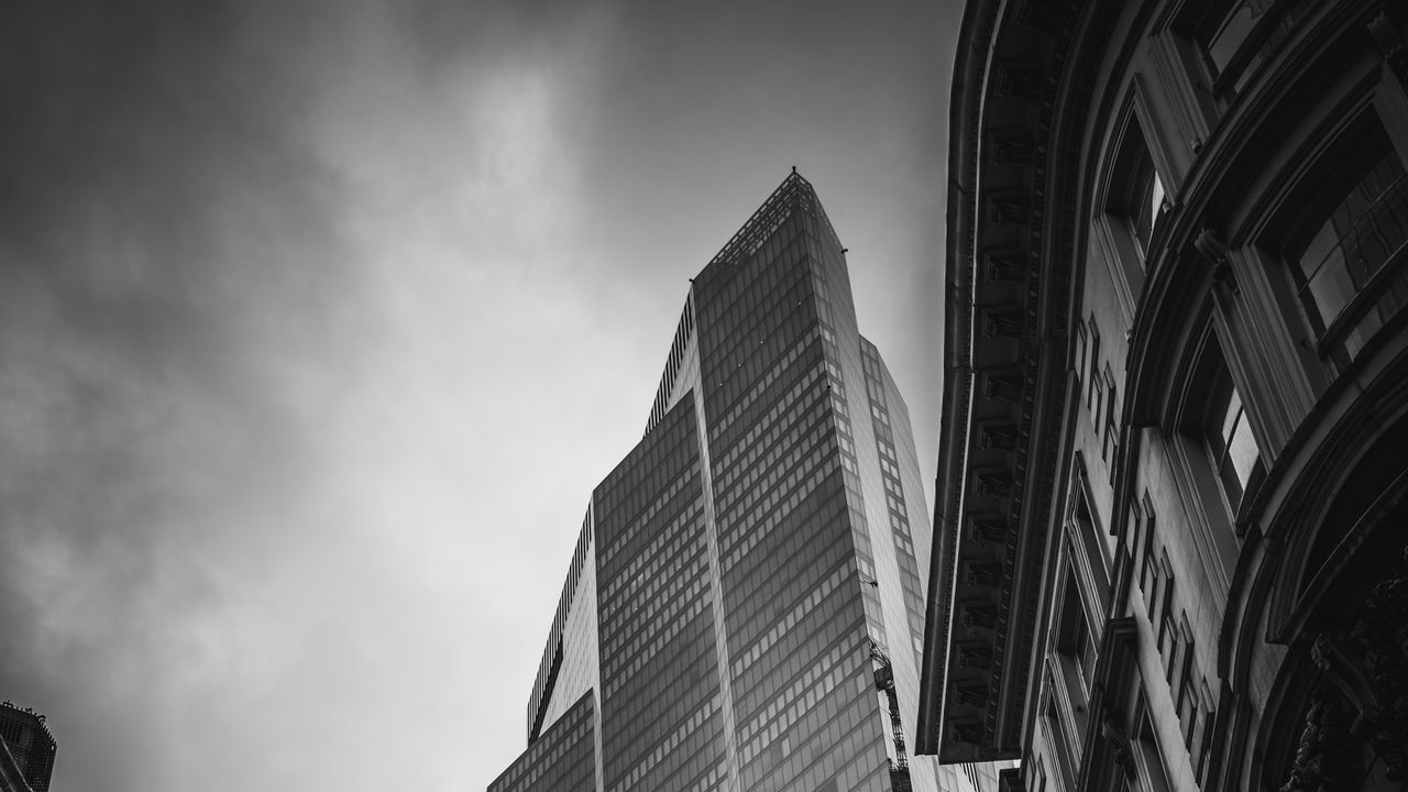 Wallpaper buildings, architecture, skyscraper, bottom view, black and white
