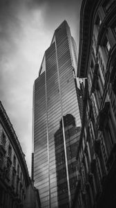 Preview wallpaper buildings, architecture, skyscraper, bottom view, black and white