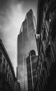 Preview wallpaper buildings, architecture, skyscraper, bottom view, black and white
