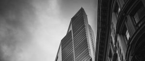 Preview wallpaper buildings, architecture, skyscraper, bottom view, black and white
