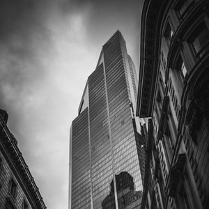 Preview wallpaper buildings, architecture, skyscraper, bottom view, black and white