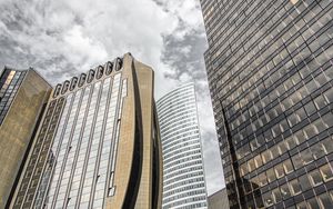 Preview wallpaper buildings, architecture, skyscrapers, bottom view, gray