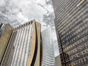 Preview wallpaper buildings, architecture, skyscrapers, bottom view, gray