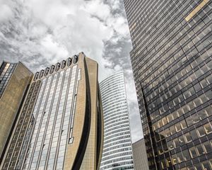 Preview wallpaper buildings, architecture, skyscrapers, bottom view, gray