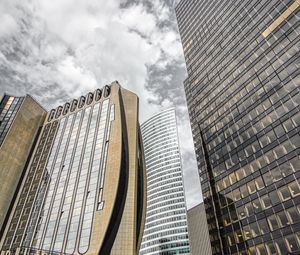 Preview wallpaper buildings, architecture, skyscrapers, bottom view, gray