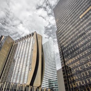 Preview wallpaper buildings, architecture, skyscrapers, bottom view, gray