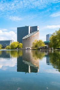 Preview wallpaper buildings, architecture, trees, reflection, pond, sky