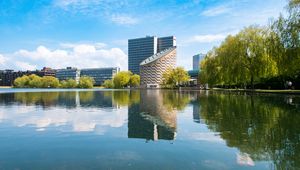 Preview wallpaper buildings, architecture, trees, reflection, pond, sky