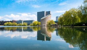 Preview wallpaper buildings, architecture, trees, reflection, pond, sky