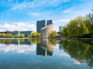 Preview wallpaper buildings, architecture, trees, reflection, pond, sky