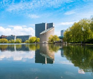 Preview wallpaper buildings, architecture, trees, reflection, pond, sky