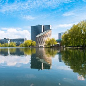 Preview wallpaper buildings, architecture, trees, reflection, pond, sky