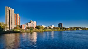 Preview wallpaper buildings, architecture, trees, lake, water
