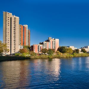 Preview wallpaper buildings, architecture, trees, lake, water