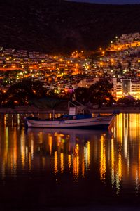 Preview wallpaper buildings, boat, water, lights, reflection, twilight, dark