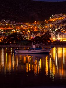 Preview wallpaper buildings, boat, water, lights, reflection, twilight, dark