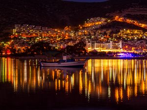 Preview wallpaper buildings, boat, water, lights, reflection, twilight, dark