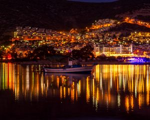 Preview wallpaper buildings, boat, water, lights, reflection, twilight, dark