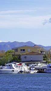 Preview wallpaper buildings, boats, yachts, sea, mountains