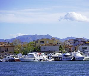 Preview wallpaper buildings, boats, yachts, sea, mountains