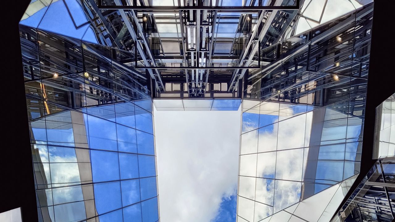 Wallpaper buildings, bottom view, mirror, sky, clouds, architecture