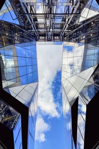 Preview wallpaper buildings, bottom view, mirror, sky, clouds, architecture