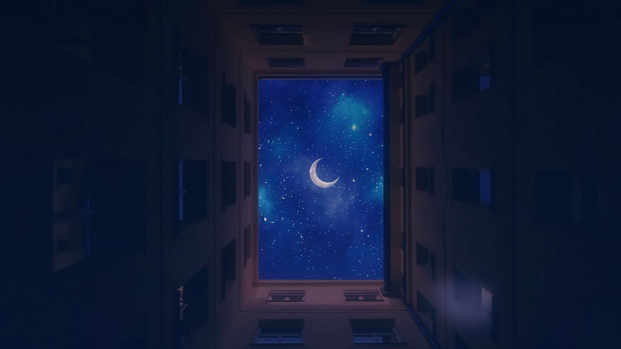 Wallpaper buildings, bottom view, moon, stars, sky, night