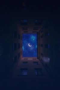 Preview wallpaper buildings, bottom view, moon, stars, sky, night