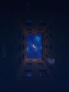 Preview wallpaper buildings, bottom view, moon, stars, sky, night