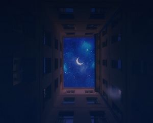 Preview wallpaper buildings, bottom view, moon, stars, sky, night