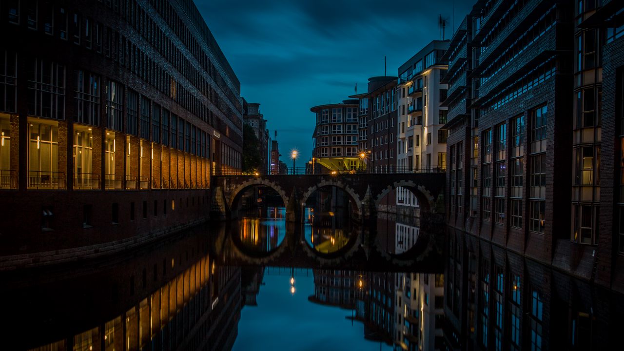 Wallpaper buildings, bridge, architecture, river, twilight, dark