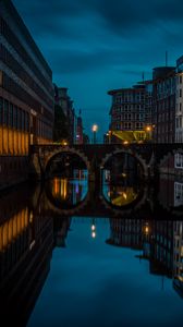 Preview wallpaper buildings, bridge, architecture, river, twilight, dark