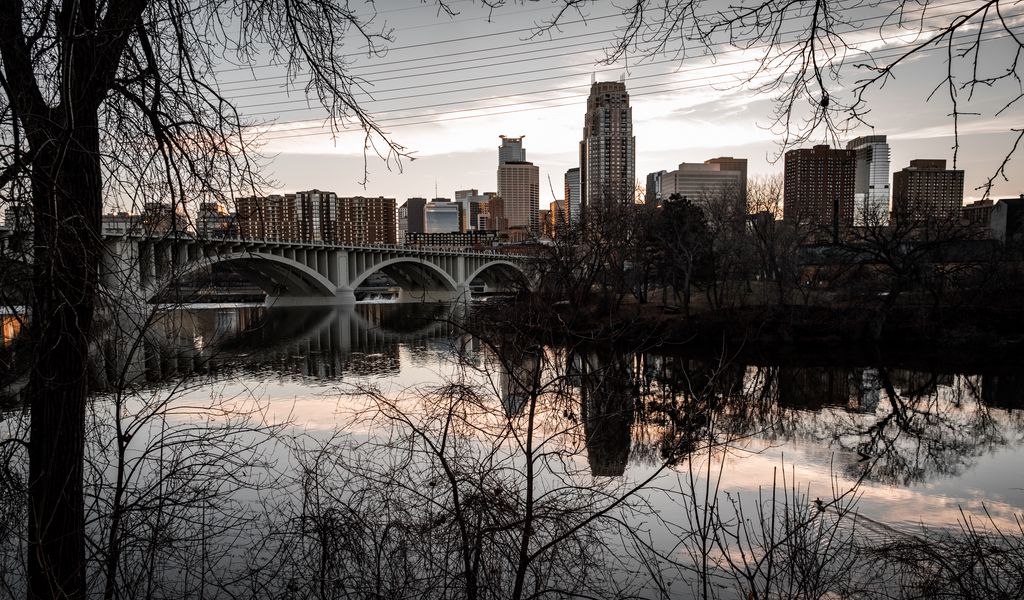 1024x600 Wallpaper buildings, bridge, reflection, river, city, trees