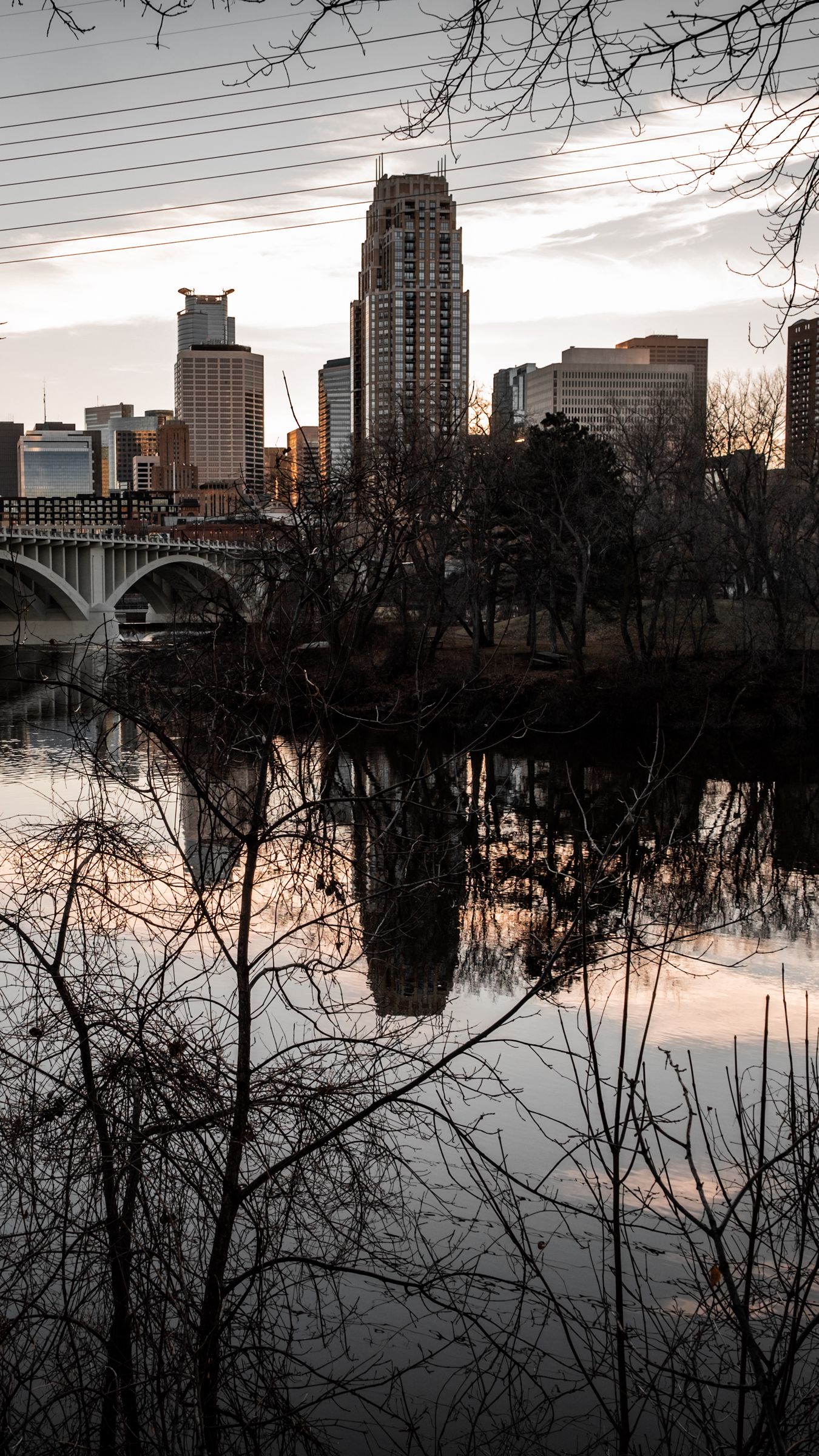 1350x2400 Wallpaper buildings, bridge, reflection, river, city, trees