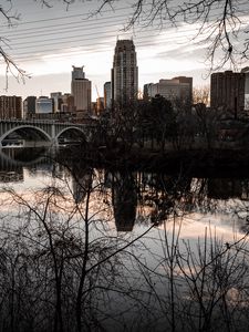 Preview wallpaper buildings, bridge, reflection, river, city, trees