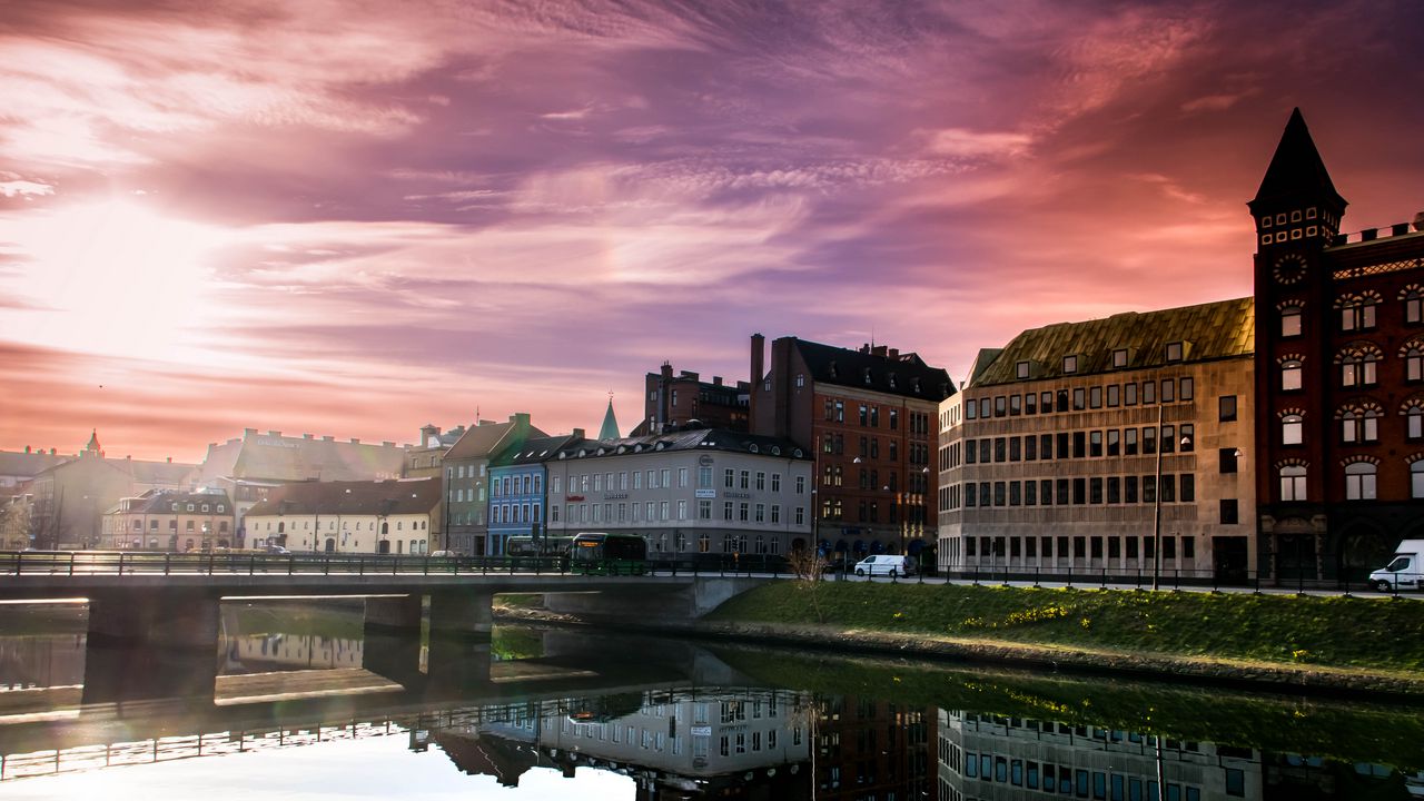 Wallpaper buildings, bridge, river, reflection, clouds