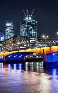 Preview wallpaper buildings, bridge, river, backlight, night, city